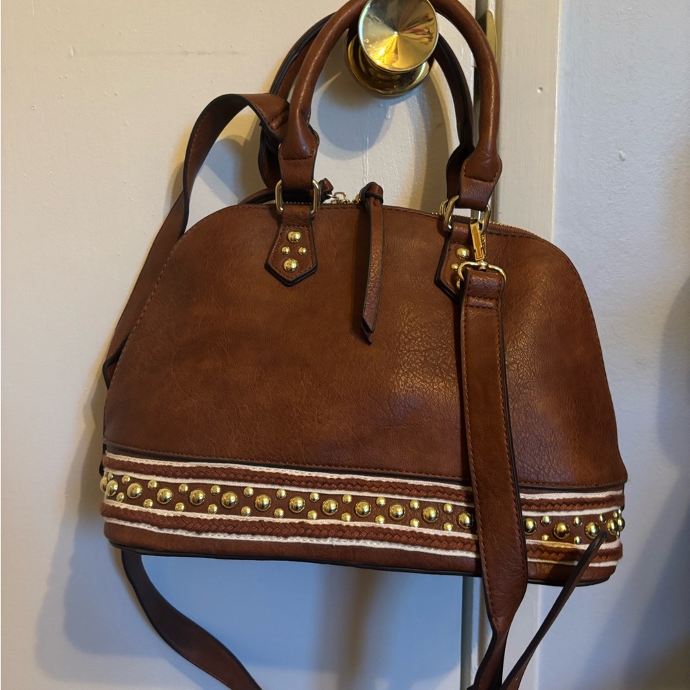 Charming Charlie Brown Satchel with Gold-Toned Accents
